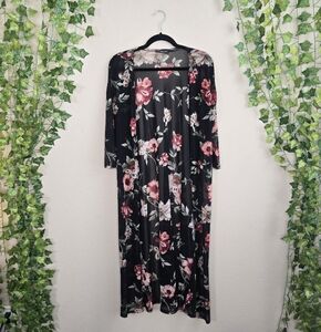 West Kei Red, Cream & Black Floral Pattern Sheer Duster Cardigan w/ 3/4 Sleeve